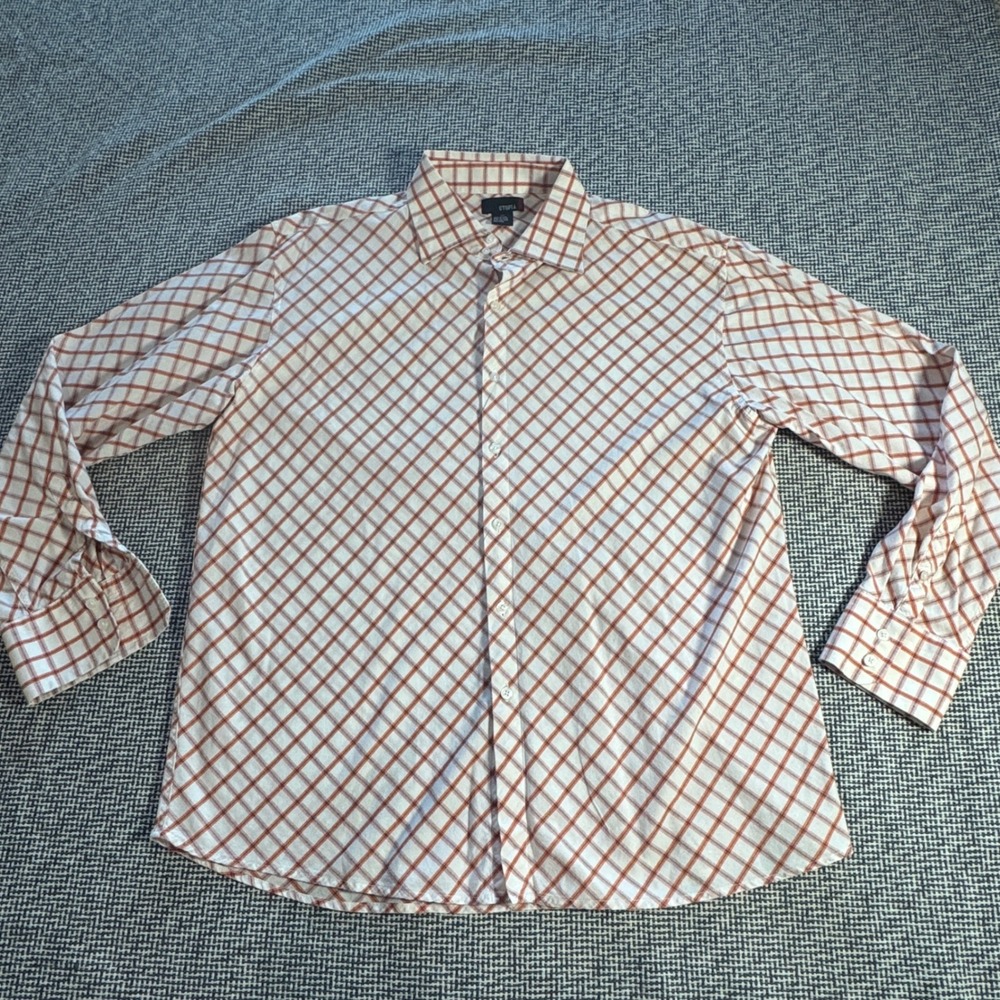 Utopia Mens XL Button Down Shirt Orange Blue Diagonal Plaid Cotton Long Sleeve